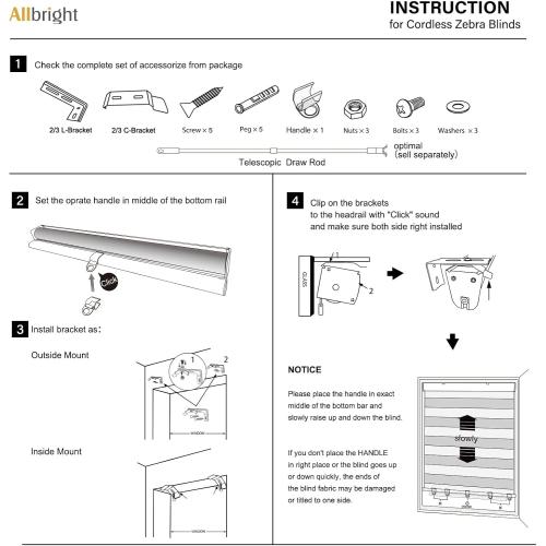 Allbright Cordless Free Stop Zebra Window Blinds 35 W×64 H, Dual Layer Roller Shade Room Darkening Sheer Shades, Light Filtering Window Shades, Easy to Install Beige