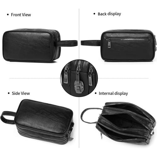 Men's Dopp Kit Toiletry Bag with Lock, PU Leather Travel Clutch Bag, 3 Compartment Organizer for Business Gym Travel