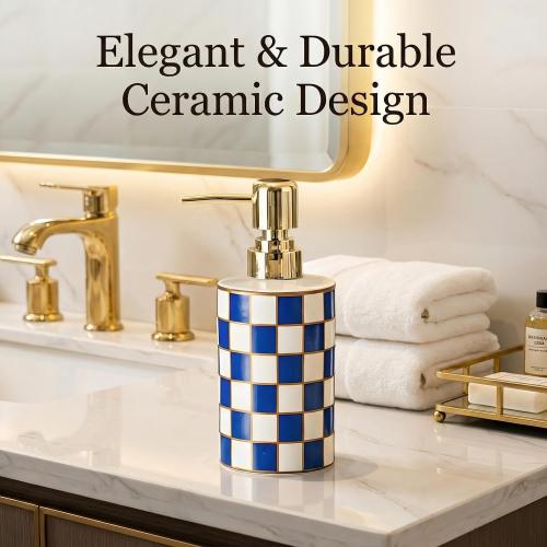 Blue and White Checkered Ceramic Soap Dispenser, Cute & Durable for Bathroom, Ideal Checkered Bathroom Decor