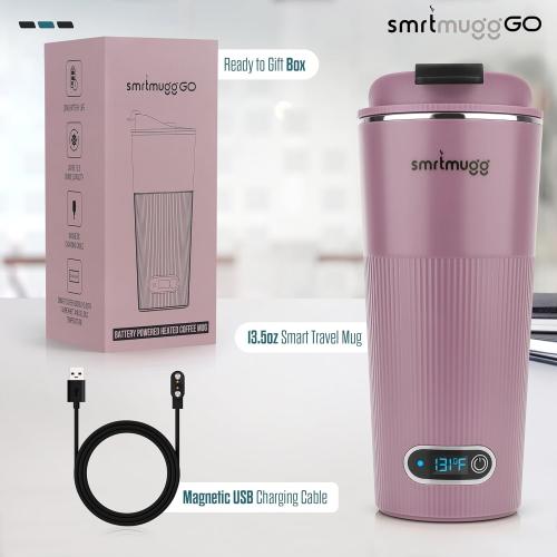 Lilac 13.5oz GO Heated Coffee Mug, Travel Mug, 13.5 OZ. Smart Mug, Battery Powered Heated Coffee Mug, Great for Coffee and Tea, Snap on Magnetic Charging Cord, New and Improved (Lilac)