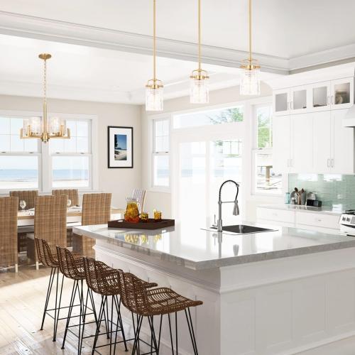 Color brass ALICE HOUSE Mini Modern Pendant Lighting Over Kitchen Island, Brushed Brass Hanging Lamp, Contemporary Farmhouse Glass Pendant Light for Dining Room, Bathroom, ETL Listed, AL2218-P1