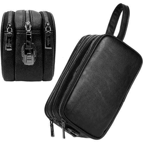 Men's Dopp Kit Toiletry Bag with Lock, PU Leather Travel Clutch Bag, 3 Compartment Organizer for Business Gym Travel