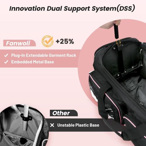 Fanwoli  Dance Bag with Garment Rack | Upgraded Stable System & Fabric | More Lightweight & Wear-Resistant | Ideal Competition Rolling Duffle Bag | Black/Pink Trim