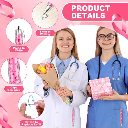 150 Pcs Pink Ribbon Pens Bulk Breast Cancer Awareness Holiday Novelty Pens 0.5 mm Retractable Black Ink Decorative for Office School Party Favor Supplies Women Gift