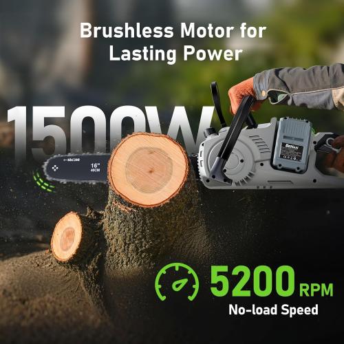 16 Inch Brushless Electric Chainsaw with 2 x 4.0Ah 21V Battery, Tool-Free Chain Tensioning, Instant Chain Brake & Transparent Oil Tank – Tools for Tree Trimming & Wood Cutting