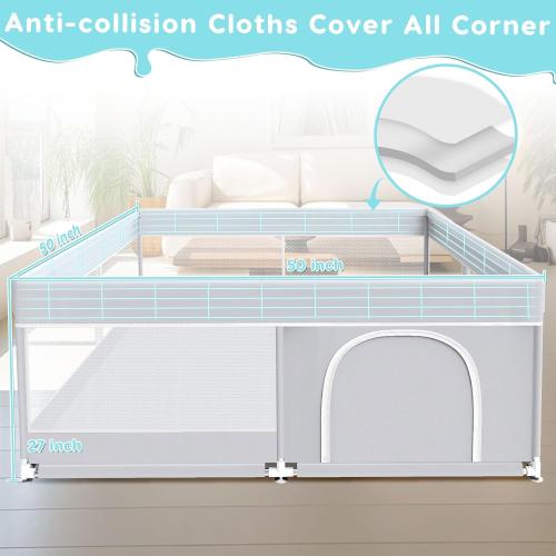 Grey 50*50*27 inches  Baby Playpen, 50x50 Inch Baby Playard for Babies and Toddlers, Play Pens for Indoor & Outdoor, Sturdy Safety Play Yard with Soft Breathable Mesh, Anti-Fall, Grey