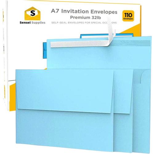110 5x7 Light Blue Invitation Envelopes - for 5x7 Cards - A7 - (5 ¼ x 7 ¼ inches) - Perfect for Weddings, Graduation, Baby Shower - 120 GSM - Peel, Press & Self Seal - Square Flap
