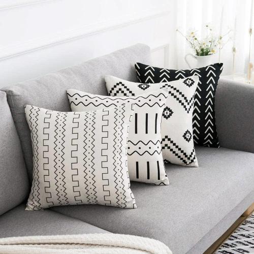 Set of 4 Size 18x18 Color Black and white Boho Pillow Covers,18x18 Pillow Covers Modern Throw Pillow Covers Black Geometric Mudcloth Linen Neutral Decorative Pillow Covers for Sofa Couch Chair