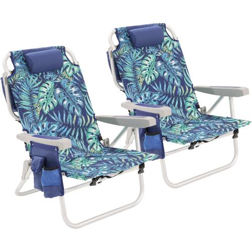 SUNNYFEEL Low Beach Chair 2 Pack, 5-Position Lay Flat Reclining, Backpack Portable Folding Chairs with Cooler Bag & Cup Holder, Heavy Duty 350 LBS, Compact for Beach, Camping, Travel