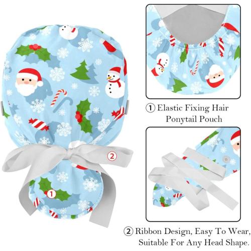 VIOQXI Scrub Cap for Women Medical Long Hair, 2 Packs Adjustable Ribbon Tie Ponytail Hats, Bouffant Surgical Cap Merry Christmas Santa Claus Snowman