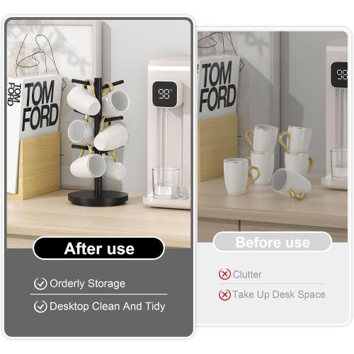 Wisuce Coffee Mug Holder Tree Upgraded 360Rotated Cup Holder for Counter Black Wood Cup Tree Mug Rack Organizer Stand with 6 Hooks for Kitchen Coffee Bar Accessories
