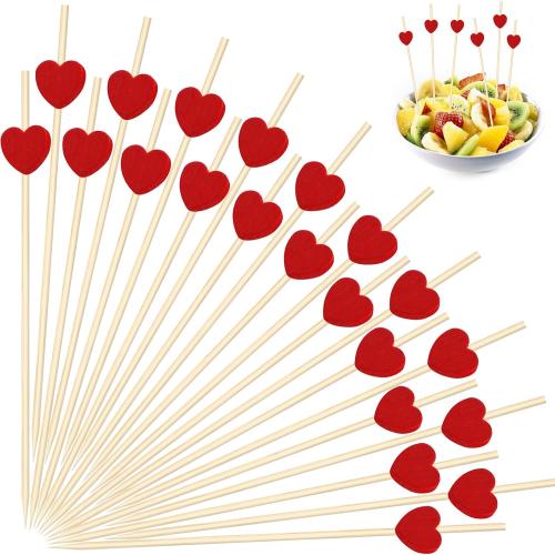 120 PCS Red Love Heart Shaped Cocktail Picks, Toothpicks for Appetizers | 4.7Inch Bamboo Fancy Tooth Picks Cocktail Skewers Sticks Selected for Appetizers, Weddings, Valentines Day