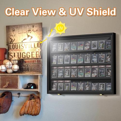 Size 31.1 W x 24.4 H x 2.16 D, Mlikero Baseball Card Display Case, 36 Graded Card Display Frame Lockable, Trading Card Display with UV Protection Sports Card Display Case for Baseball Cards, Football Cards, Sports Cards