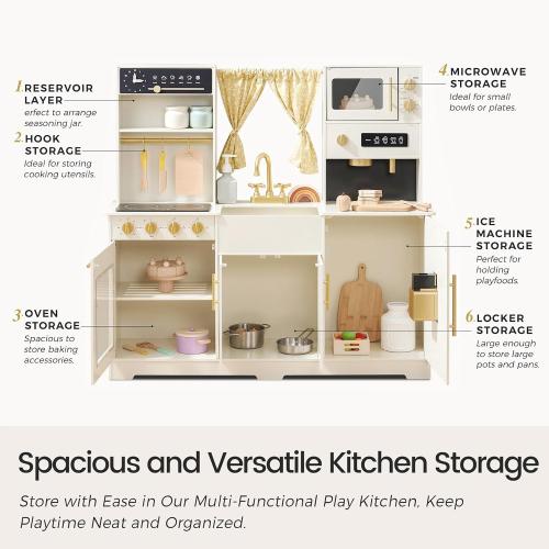 Tiny Land Play Kitchen for Kids, Toy Kitchen Set with Plenty of Play Features, New Modern Kids Wooden Play Kitchen Designed in Trendy Home Style with Curtains, Gift for Ages 3