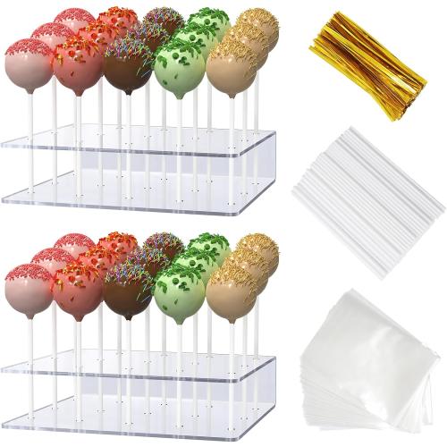 2 Pack Cake Pop Stand with Sticks Kit, Acrylic Lollipop Hold Stand, Clear Cake Pop Display Holder, 15 Holes Candy Pop Holder with 100 Pcs Sticks, 100 Pcs Clear Wrappers, 100 Pcs Gold Twist Ties