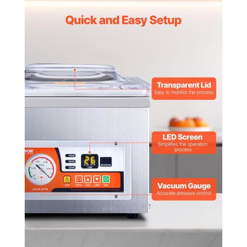 VEVOR Chamber Vacuum Sealer, DZ-260A 6.5 cbm/h Pump Rate, Excellent Sealing Effect with Automatic Control, 110V/60Hz Professional Foods Packaging Machine Used for Fresh Meats (260W)