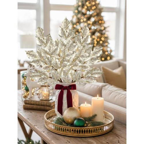 Christmas Tree Picks and Sprays 31.5 Champagne Atrificial Elm Leaves with Stems 3 Pcs Christmas Picks for Tree Champagne Vase Fillers for DIY Xmas Trees Wreath Centerpieces Wedding Bouquet Decor