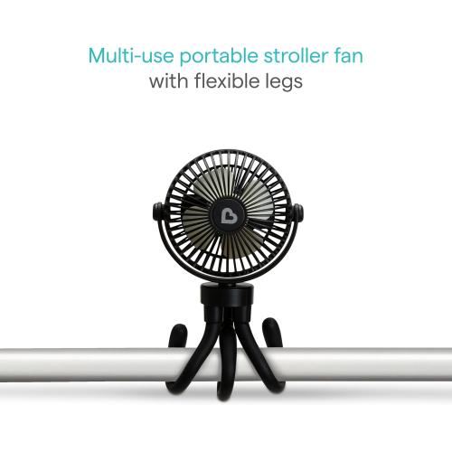 Munchkin Stroller Fan - Portable Fan for Travel, Baby Gear Accessory with 4 Speeds, Flexible Clip-on Leg Attachment, Rechargeable Battery, Black with Multicolored LED Lights