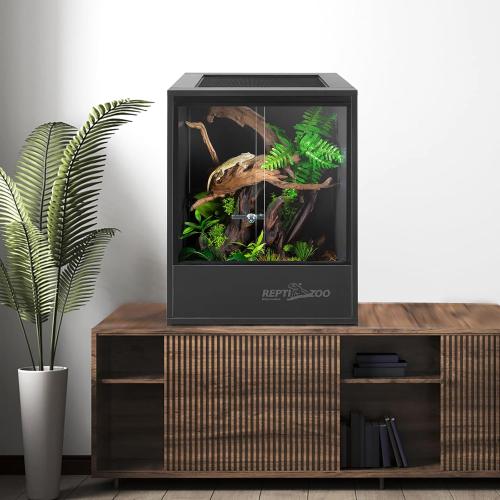 Black 30 Gallon 18x18x24 REPTI ZOO 30 Gallon PVC Tall Reptile Tank, 18x18x24 Reptile Terrarium for Frog Lizard Gecko Chameleon Snake, Tropical Rainforest Habitat Enclosure with Sliding Door & Top Screen Ventilation