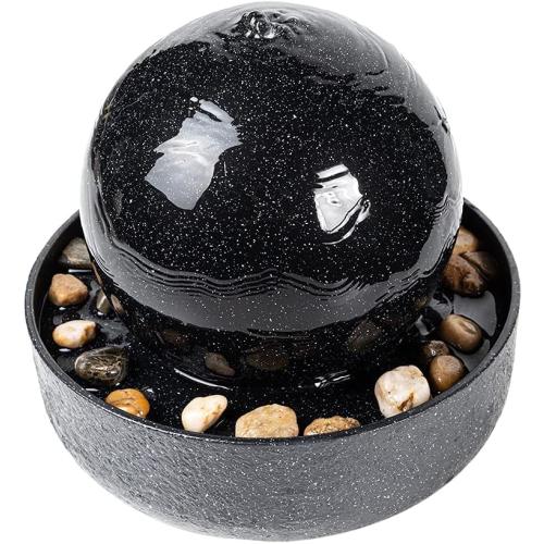 7.5 Inch Tall Indoor Relaxation Tabletop Ball Fountain with LED Light and Stone Home/Office Decoration Meditiation Water Resin Foundtain Desktop Fountains Black