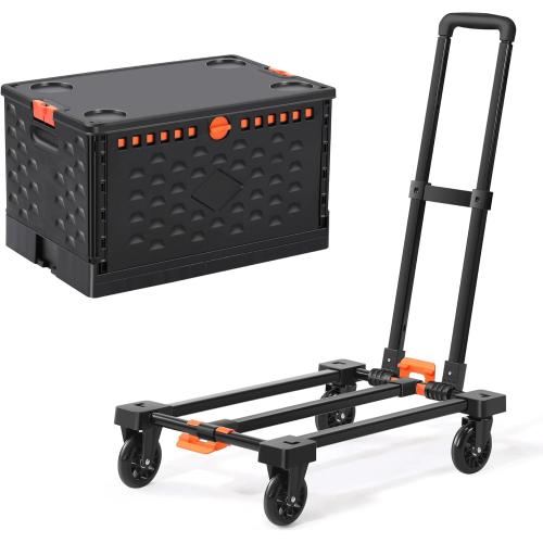 Collapsible Crate Folding Hand Truck Set -No Assembly Required-Teacher Collapsible Rolling Cart with Wheels,Shopping Cart for Groceries,Crate On Wheels and Tote Basket,Mobile Storage for File, Book