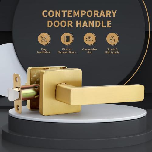 Brushed Gold Door Handles, Heavy Duty No Lock Passage Door Lever, Reversible Square Door Handle Without Lock for Hallway Closet Doors, Satin Brass