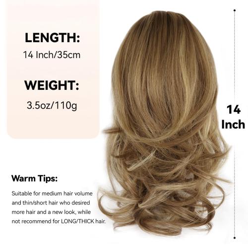 14 Inch Ponytail Extension - Wavy Pony Tails Hair Extensions, Claw Clip Ponytail Extension, Synthetic Hair Extensions Ponytail, Clip on Ponytails for Women (Light Brown With Beige Highlights)
