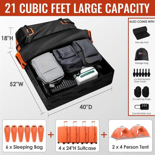 Black Car Rooftop Cargo Carrier - 21 Cubic Feet, 100% Waterproof Heavy Duty 840D Car Roof Bag for All Vehicles with/Without Racks - Anti-Slip Mat, 6 Door Hooks, Storage Bag, 2 Extra Straps