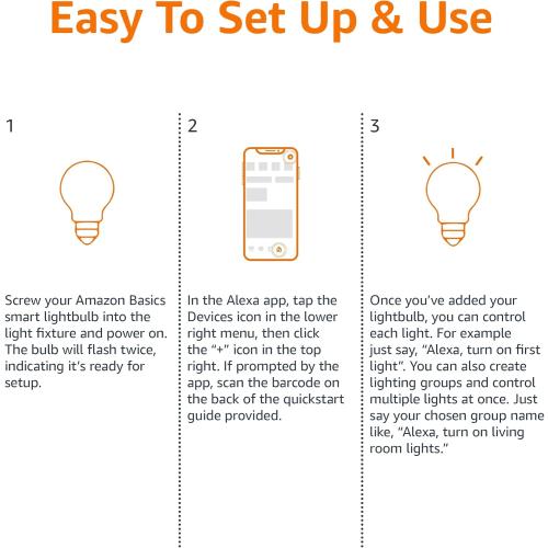 Amazon Basics Smart A19 LED Light Bulb, Dimmable Soft White (2700K), 9W (60W Equivalent), 800LM, Works with Alexa Only, 2.4 GHz Wi-Fi, No Hub Required, 4 Pack