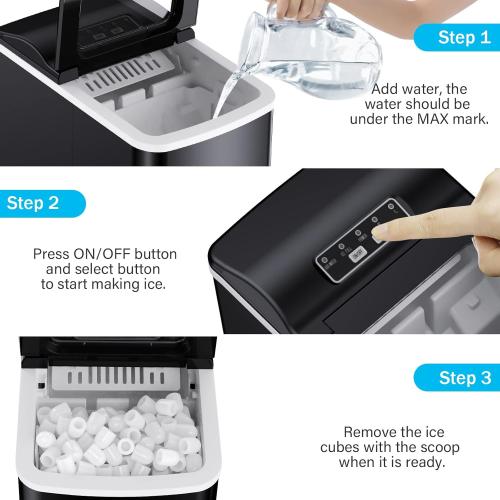 Counter top Ice Maker Machine, 26Lbs/24H Self-Cleaning Ice Makers Countertop, 9 Cubes Ready in 6mins Portable Ice Cube Maker with Ice Scoop Basket, Hook for Home Camping Party (Black)