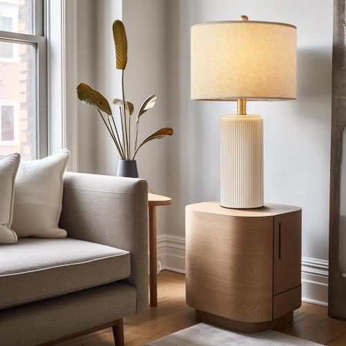 Ceramic Table Lamp Set of 2, 23 Inch 3-Level Dimmable Bedside Lamps with Linen Shade, Farmhouse Nightstand Lamps for Bedroom Living Room, Rustic White Desk Lamp, LED Bulb Included