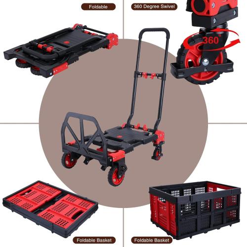 Size 25x18x4.7 Color Red 2-in-1Hand Truck Dolly Foldable with Folding Basket,330LBS Capacity Handtruck,Hand Truck Foldable Dolly with 4 Wheels,Dolly Cart with Retractable Handle,Folding Hand Cart for Moving