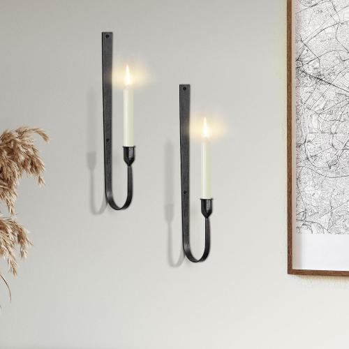 Black Wall Candle Holder Set of 2, Metal Wall Mount Candle Sconces Holder, Modern Wall Decoration for Living Room, Dining Room, Fireplace, and Weddings
