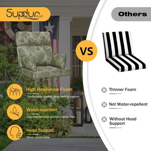 2 pack Color Green Outdoor High Back Chair Cushion, 2 Pack  Patio Chair Cushions Water Repellent Rocking Cushions Indoor Furniture Seat Pad with 2 Pillows, Dark Green Vine