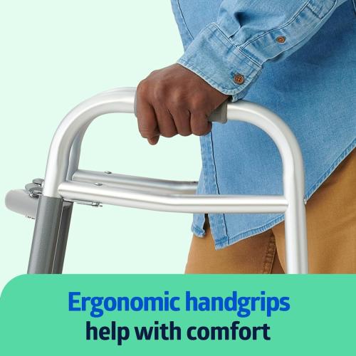 Color Grey Medline Lightweight Two Button Folding Walker with 5 Wheels, Aluminum Frame Supports up to 300 lbs