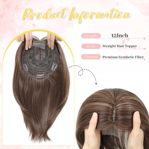 Ms Taj 12 Inch Hair Topper for Women with Thinning Hair, 6.5x6.5 Large Base Synthetic Hair Topper with Bangs, Ladies-Dark Golden Brown with Highlights
