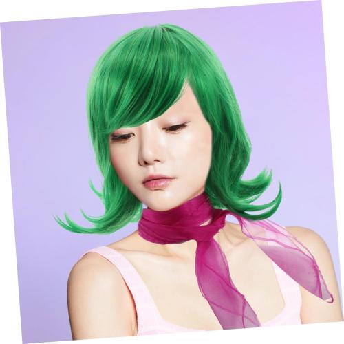 FRCOLOR 1Set Vibrant Green Short Wig with Scarf for Cosplay Wig for Birthday Parties Halloween and Performances Adorable Short Hair Design with Meticulous Craftsmanship