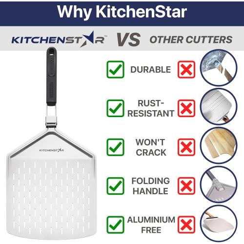KitchenStar 12-inch Perforated Pizza Peel with Folding Handle - Stainless Steel Spatula Paddle for Effortless Pizza Transfer & Easy Storrage - Dishwasher Safe Pizza Oven Accessories