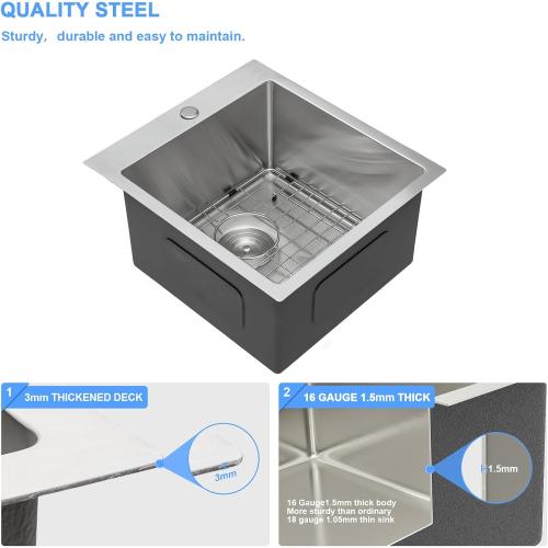 Lordear 18x20x10 inch Drop in Kitchen Sink Topmount Bar Sink 16 Gauge Single Bowl Stainless Steel Bar Outdoor Sinks