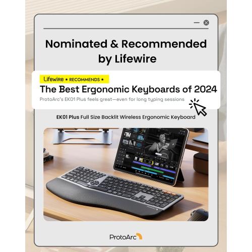 BLACK Backlit Bluetooth Ergonomic Keyboard, ProtoArc EK01 Plus Full Size Wireless Split Keyboard with Dual Bluetooth and USB, Cushioned Wrist Rest, Rechargeable for Windows/Mac/Android, Grey Black