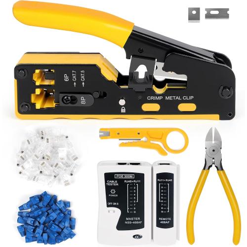 Yellow Wakhow RJ45 Crimp Tool Kit, Ethernet Pass Through Crimper, Network Cat5 Cat6 Cat7 Crimping Tool Repair Kit Includes Cable Tester, Mini Stripper, Blades, 50Pcs Connectors and Strain Relief Boots