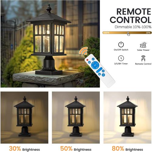 zeyu 19 Inch Solar Post Light with Pier Mount, Modern Large Solar Lamp Post Light for Patio with Remote Control, Die-Cast Aluminum with Seeded Glass Shade, Black Finish, ZX107P-SL BK