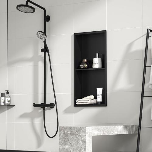 Stainless Steel Shower Niche Matte Black 24 X 12 W/ 2-Tier Shelf | Recessed shower niche no tile needed,space-saving,vertical niche, built in bathroom niche shower for shampoo & soap storage