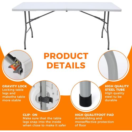 Lakhow 6 FT Folding Table,Outdoor Indoor Plastic Table Portable Square Height Dining Table Perfect for Picnics, Parties, Party and Camping, White