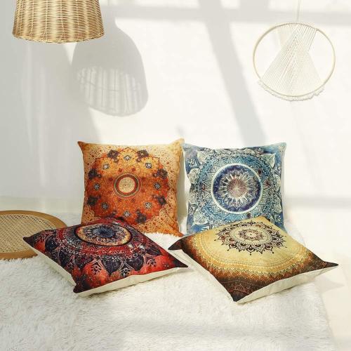 Set of 4 retro cushion covers with compass medallion and floral mandala, bohemian style, boho hippie decor, decorative cushions for sofa or armchair.