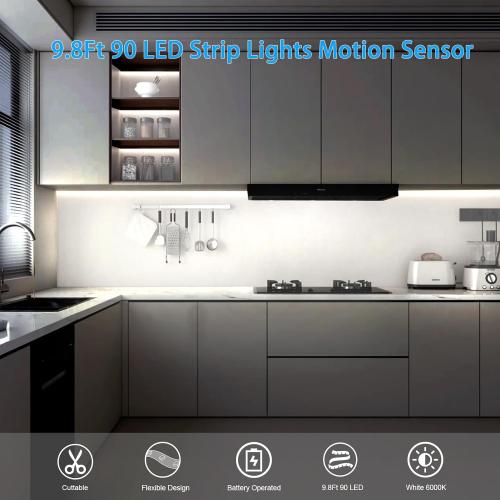 echosari Battery Operated Motion Sensor Cabinet Strip Lights, 9.8Ft 90 LED Counter Closet Strip Light, Motion & Night Sensor Safe Tape Light for Stairs Wardrobe Kitchen (Cool White)