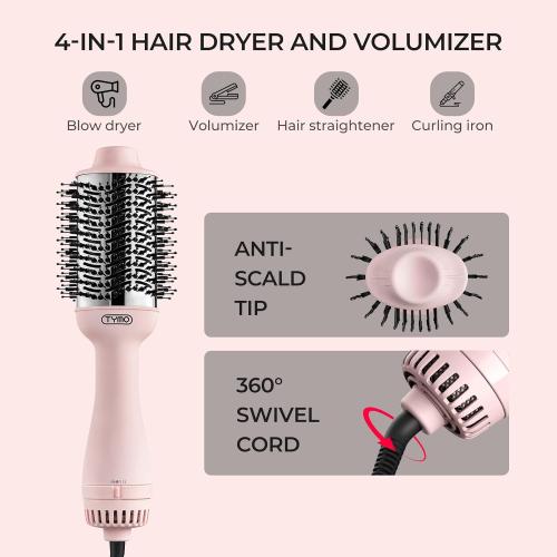 TYMO Pink Volumizer Hair Dryer Brush with Titanium Barrel, 1200W, 3 Speeds, Nylon Bristles, Ionic Technology, Salon Long-lasting Hairstyles, Hot Air Brush for Women, Designed for 120V USA Outlets