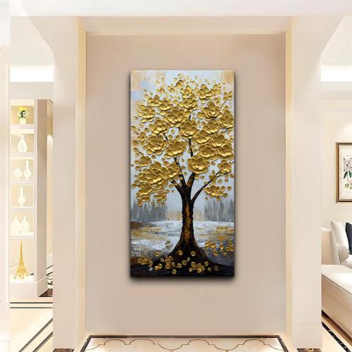 zoinart 3D Modern Oil Paintings, Gold Fortune Tree Painting, Abstract Vertical Canvas Wall Art, Floral Wall Painting for Dining Room Hallway Living Room Wall Decor 48x24 Inches
