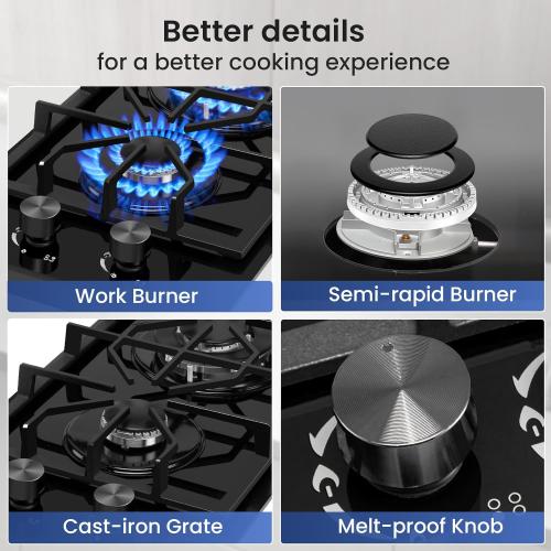 Gas Cooktop 2 Burner,12000W Built-in Gas Stove, Black Crystal Tempered Glass Propane Cooktop, 20.08x12.2 Top Propane Stove Indoor LPG/NG Dual Fuel Hob for Apartment Kitchen RV