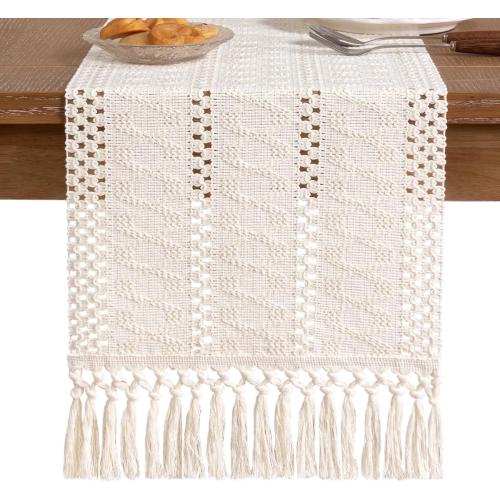 Socomi Boho Table Runner Summer Farmhouse Rustic Dining Kitchen Centerpiece Decor Small Macrame Woven Cotton Linen Coffee Table Runner for Dresser Scarf Home Decor 12x36 inch Cream Ivory